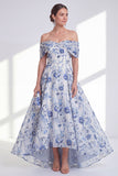 Abito Madre della Sposa Fiore Blu a Linea A Spuntato Alto Spalla Basso