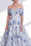 Abito Madre della Sposa Fiore Blu a Linea A Spuntato Alto Spalla Basso