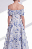 Abito Madre della Sposa Fiore Blu a Linea A Spuntato Alto Spalla Basso