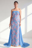 Abito Scintillante Blu Sirena Senza Spalline Abito Lungo Madre della Sposa con mantello
