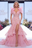 Fiocco floreale in organza di sirena rosa con fiocco lungo da concorso con fessura