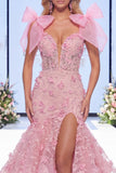 Fiocco floreale in organza di sirena rosa con fiocco lungo da concorso con fessura