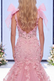 Fiocco floreale in organza di sirena rosa con fiocco lungo da concorso con fessura