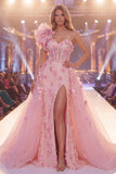 Abito da concorso lungo a fiori con spalla rosa Sirena e corsetto trasparente