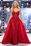 Abito da gara lungo corsetto trasparente con perline e fascia di corsetto rosso sirena