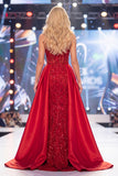 Abito da gara lungo corsetto trasparente con perline e fascia di corsetto rosso sirena