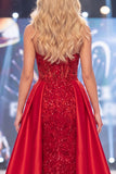Abito da gara lungo corsetto trasparente con perline e fascia di corsetto rosso sirena