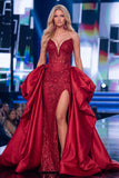 Abito da concorso lungo con perline e fascia di corsetto trasparente in Corsetto Rosso