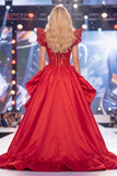 Abito da gara lungo con corsetto trasparente Red Mermaid con perline e fascia