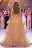 Seccatura brillante dorata con paillettes sirena Abito da gara lungo con fessura
