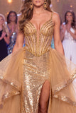 Seccatura brillante dorata con paillettes sirena Abito da gara lungo con fessura