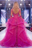 Vestito da concorso lungo da corsetto sirena in lucido fucsia lucido