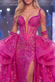 Vestito da concorso lungo da corsetto sirena in lucido fucsia lucido