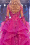 Vestito da concorso lungo da corsetto sirena in lucido fucsia lucido