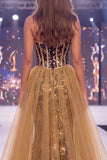 Vestito da concorso lungo con fascia da corsetto dorato con sirene nere scintillanti