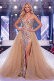 Scintillante Champagne Mermaid Sweetheart Corsetto trasparente Abito da gara lungo con fascia