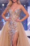 Scintillante Champagne Mermaid Sweetheart Corsetto trasparente Abito da gara lungo con fascia
