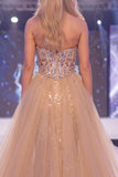 Scintillante Champagne Mermaid Sweetheart Corsetto trasparente Abito da gara lungo con fascia