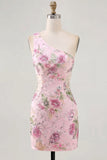 Abito rosa bodycon con paillettes a una spalla floreale per il ritorno a casa vestito