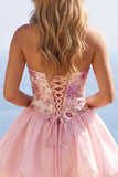 Abiti Da Cocktail con paillettes floreali rosa senza spalline a trabocca