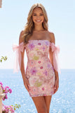 Abiti da cocktail rosa bodycon con paillettes rosa a spalle scoperte e fiocco