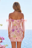 Abiti da cocktail rosa bodycon con paillettes rosa a spalle scoperte e fiocco