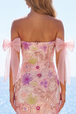 Abiti da cocktail rosa bodycon con paillettes rosa a spalle scoperte e fiocco