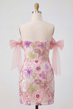 Abiti da cocktail rosa bodycon con paillettes rosa a spalle scoperte e fiocco