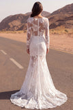 Abito da sposa Boho a maniche lunghe trasparente in merletto sirena avorio