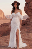 Abito da sposa Boho con volant in pizzo a spacco freddo in pizzo avorio
