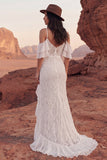 Abito da sposa Boho con volant in pizzo a spacco freddo in pizzo avorio