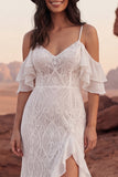 Abito da sposa Boho con volant in pizzo a spacco freddo in pizzo avorio