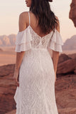 Abito da sposa Boho con volant in pizzo a spacco freddo in pizzo avorio