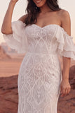 Abito da sposa sirena Boho in pizzo avorio a spalla