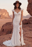 Abito da sposa Boho con volant in merletto avorio e spacco
