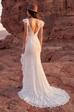 Abito da sposa Boho con volant in merletto avorio e spacco