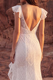 Abito da sposa Boho con volant in merletto avorio e spacco