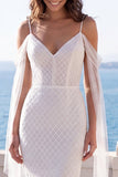 Abito da sposa con trascica a trazione in pizzo sirena avorio a spalle fredde