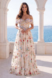 Corsetto floreale avorio a spalle scoperte Abito da sposa A Line