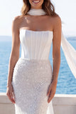 Abito da sposa corsetto sirena senza spalline in avorio con sciarpa