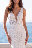 Abito da sposa Boho in avorio a V scollo floreale in pizzo