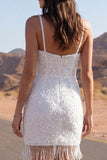 Abito da sposa corto e scintillante in avorio con spalline a perline e frange