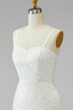 Abito da sposa corto e scintillante in avorio con spalline a perline e frange