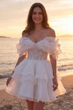 Abito da sposa corto avorio scintillante con perline e volant A Line