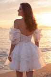 Abito da sposa corto avorio scintillante con perline e volant A Line