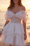 Abito da sposa corto avorio scintillante con perline e volant A Line