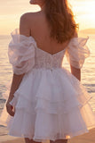 Abito da sposa corto avorio scintillante con perline e volant A Line