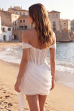 Corsetto avorio arricciato a spalle scoperte abito da sposa corto con volant