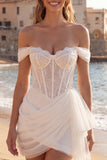 Corsetto avorio arricciato a spalle scoperte abito da sposa corto con volant