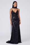 Abito Maxi con spalline spaghetti a paillettes e sirena gialla con fessura